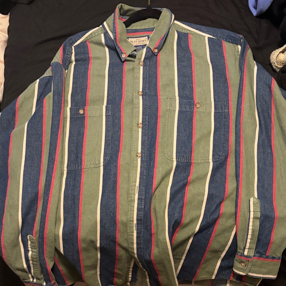 Ruff Hewn Green and Blue Striped Button-Down Shirt